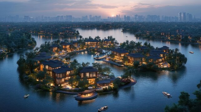 Luxurious island resort community nestled in a serene lake, surrounded by modern cityscape