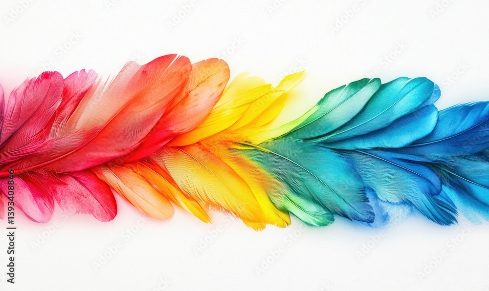 Poster a spectrum of colorful feathers arranged to create a vibrant rainbow gradient against white.