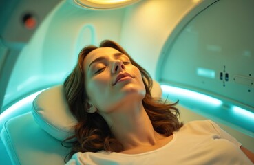 Woman relaxes inside hyperbaric oxygen chamber during wellness therapy. Bright lights surround her. Enhanced healing promotes rehabilitation. Alternative medicine, pain relief using modern tech.