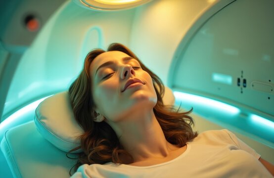 Woman relaxes inside hyperbaric oxygen chamber during wellness therapy. Bright lights surround her. Enhanced healing promotes rehabilitation. Alternative medicine, pain relief using modern tech.
