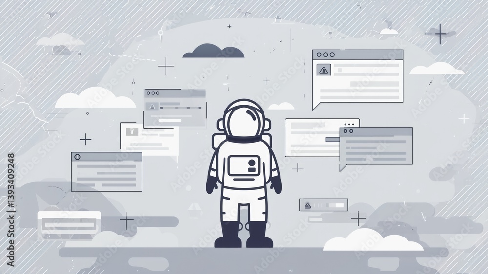 Poster a person in a spacesuit surrounded by various icons and symbols