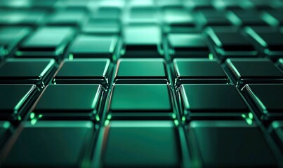 Fototapeta premium Shiny green metallic squares arranged in a seamless geometric pattern offer a modern abstract background.