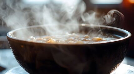 Warm Culinary Delight: A steaming bowl of savory stew emanates warmth and aroma, the rising vapors hinting at the delicious meal within. inviting to relish the taste of the homemade dish.