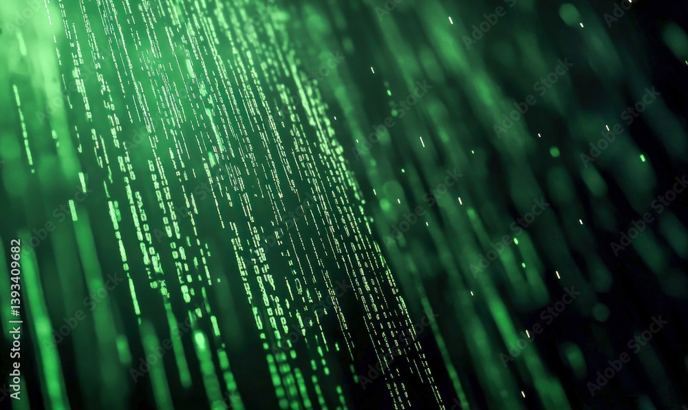 Poster green binary code streams down like digital rain, illustrating data processing and cybersecurity.
