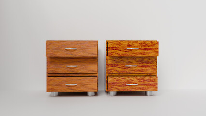 3D model of two small wooden nightstands with open drawers on a white