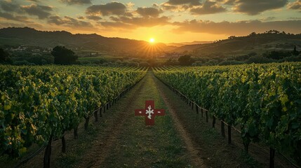 Naklejka premium Vineyard path at sunset, a cross in the middle