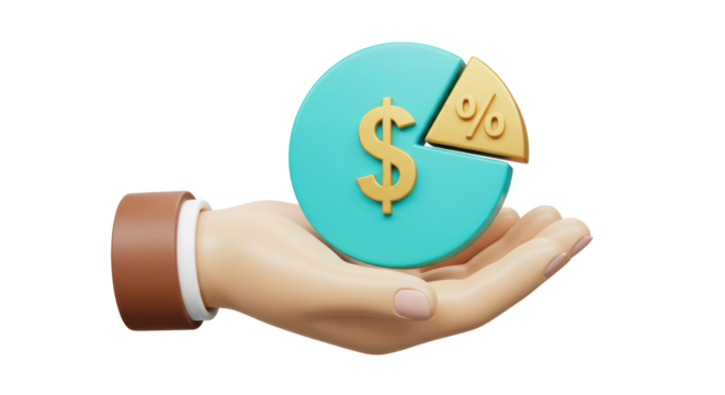 Isolated Hand Holding Teal Pie Chart with Dollar and Percentage Symbols
