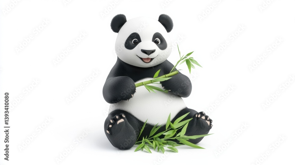 Poster giant panda enjoys bamboo while displaying an adorable expression in a clean setting