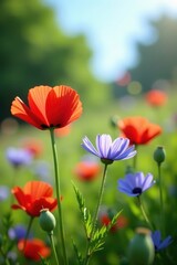 Obraz premium Cornflowers and poppies under bright sunshine, wildflowers, greenery, cornflower