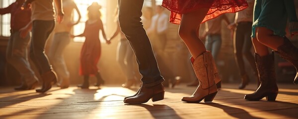 Group of people line dancing in wooden-floored hall, warm light. Dancing people wear cowboy boots, move in rhythm, enjoy fun. Rustic community, camaraderie, festive event, active lifestyle.