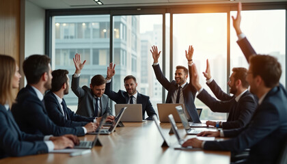 Business team raises hands, voting in board meeting. People vote, make decisions in office, using laptop. Men women in formal attire participate in management activity, showing agreement in teamwork.
