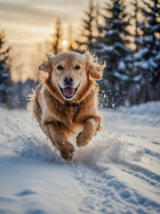 Golden retriever running joyfully in snow.