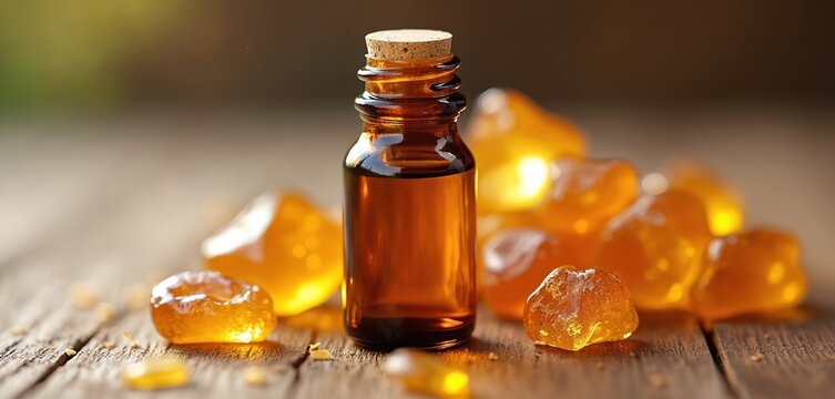 Styrax benzoin essential oil bottle with benzoin resin on wood table. Natural herbal remedy for spa, health, beauty, wellness. Therapy aroma care essence for massage, alternative medicine, aromatic