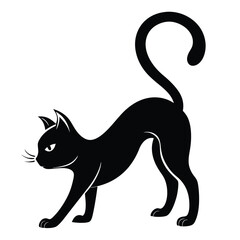 Black Cat Silhouette Stretching with Arched Back and Tail on White Background Isolated
