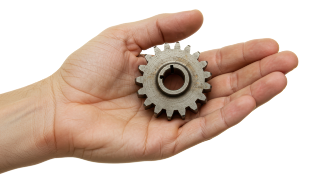 Isolated Metal Gear Cog held in Open Human Hand