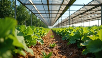 Agrivoltaic canopy setup in French farm. Rows of crops grow underneath solar panels. Renewable energy and agriculture blend eco-friendly sustainable farming system. Green eco tech.