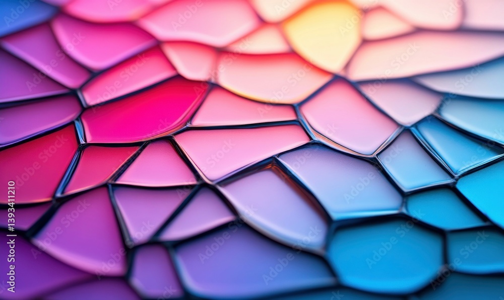 Poster close-up of an abstract mosaic tile pattern featuring a colorful gradient from pink to blue.