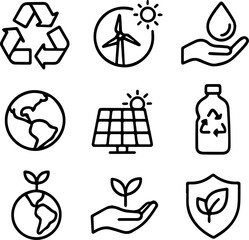 Set of 9 eco and sustainability icons in minimalist vector style