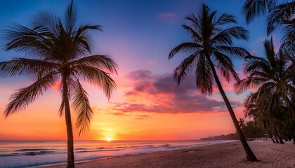pialm trees on a beach at sunset with vibrant colors