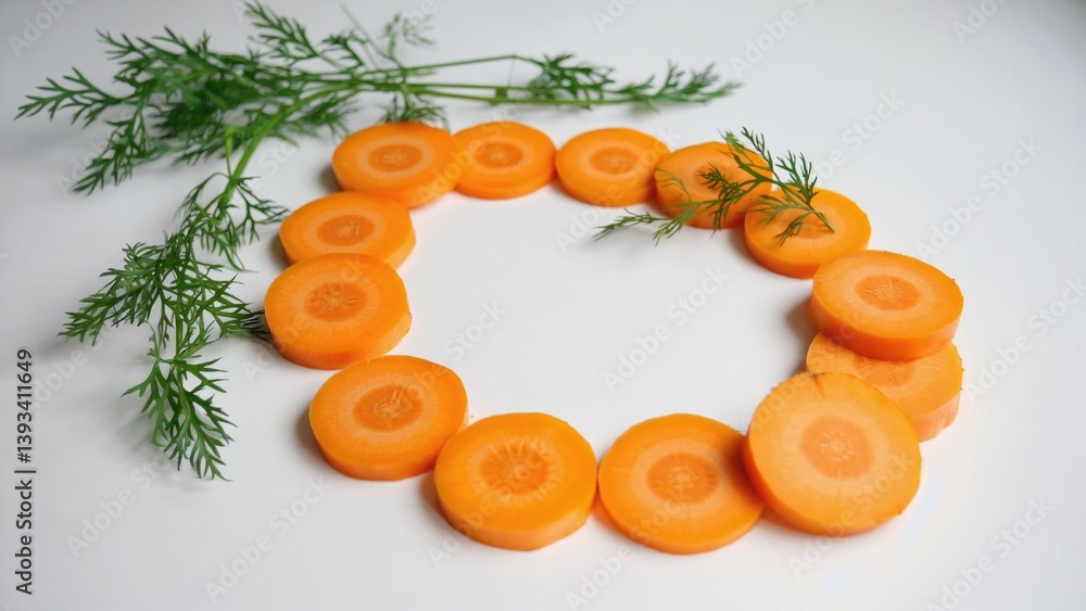 Poster freshly cut carrots arranged in a circular pattern on a table