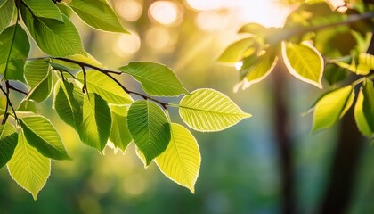 sunlight illuminates vibrant green leaves on a branch in spring