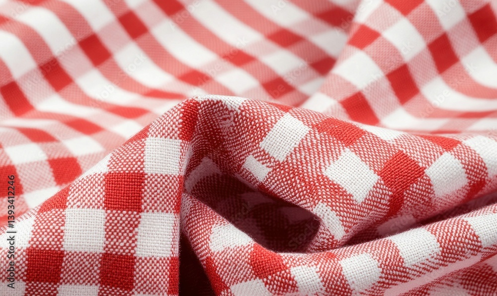 Poster a close-up of a red and white checkered tablecloth displaying a beautiful woven texture.