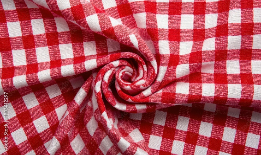 Poster a red and white checkered tablecloth is arranged in a swirl, creating a captivating texture.