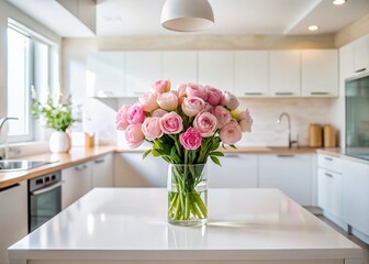Delicate Pink Flower Bouquet Gracefully Adorned on a Modern Kitchen Island A Minimalist Design Aesthetic