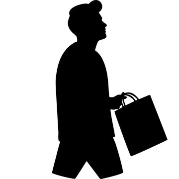 recommend clip art: Silhouette of man carrying shopping bags against white background
                    