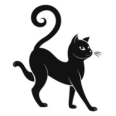 Stylish Black Cat Silhouette with Curved Tail, Elegant Feline Figure on White Background