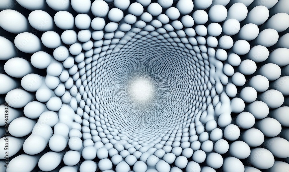 Poster abstract pattern of white spheres forms a captivating tunnel effect, drawing the eye toward a distan