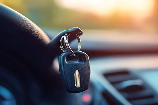 A hand holding car keys inside a vehicle cabin in daytime