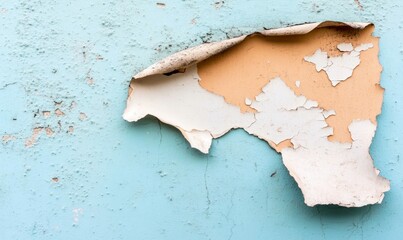 A textured wall displays layers of peeling paint, revealing a weathered and aged surface.