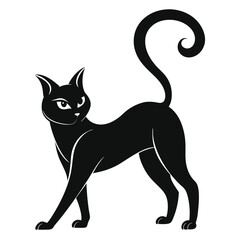 Silhouette of Black Cat Standing with Curled Tail Isolated on a White Background