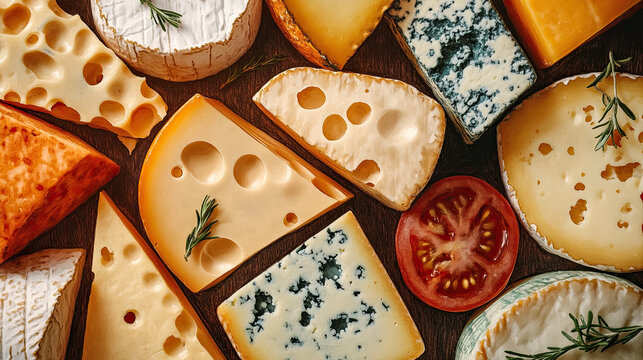 Various types of cheese with holes, blue mold and decorations such as rosemary, laid out on a wooden table with tomato slices. The style is rustic and appetizing, perfect for culinary content.