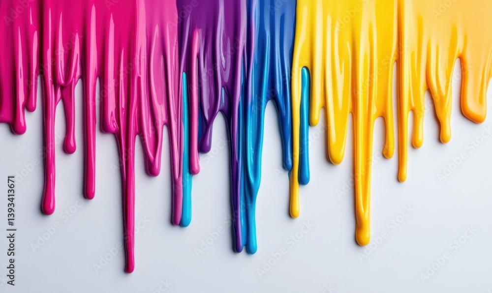 Poster bright and colorful paint streams down a white canvas, creating a modern artistic background with vi