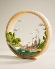 A 3D model of a wooden ring inside with many objects, sustainability, future, economy, chemical plant, nature