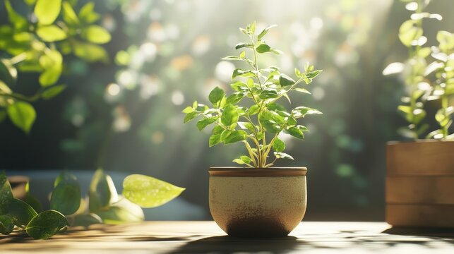 A thriving Tulsi plant in a small ceramic pot, surrounded by a tranquil garden with soft, natural light filtering through the leaves