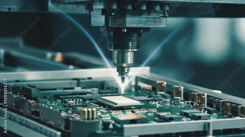 Poster close-up of a machine working on a circuit board, suitable for tech-related concepts