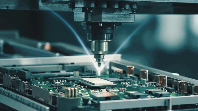Close-up of a machine working on a circuit board, suitable for tech-related concepts