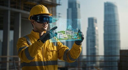 Man architect uses virtual reality technology to inspect housing project, modern construction augmented reality for architectural design and planning, metaverse development