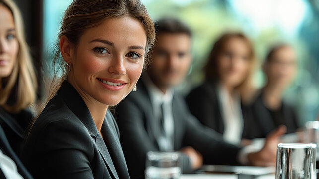 The image shows a smiling businesswoman in focus, seated at a meeting table with blurred colleagues in the background. The style is professional and vibrant, ideal for corporate or business-themed use