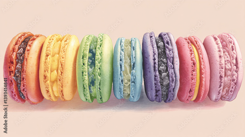 Poster a row of macarons displays a rainbow of colors, and you can see the delicate, crystallized filling i
