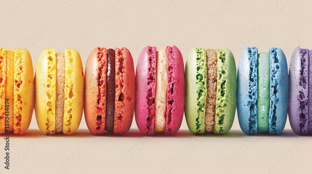 Poster a row of macarons displays a rainbow of colors, and you can see the delicate, crystallized filling i