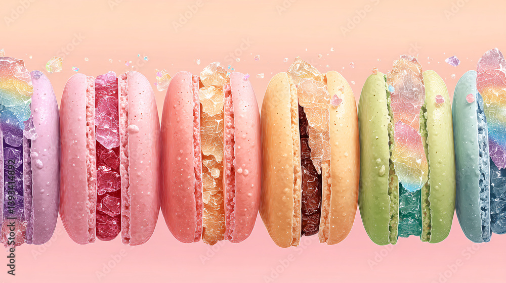 Poster a row of macarons displays a rainbow of colors, and you can see the delicate, crystallized filling i