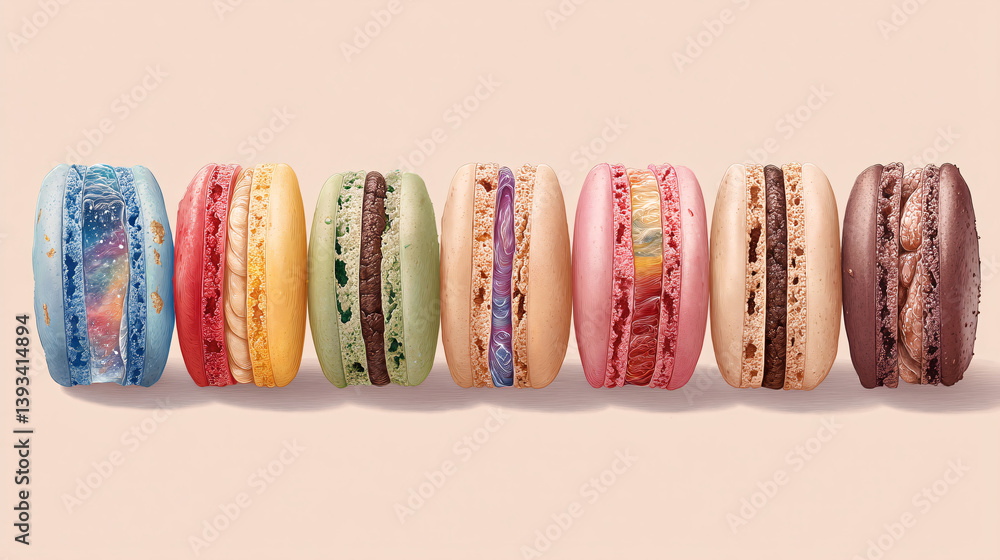 Poster a row of macarons displays a rainbow of colors, and you can see the delicate, crystallized filling i