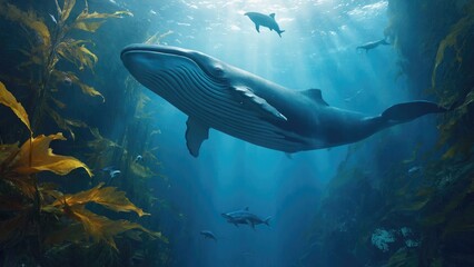 Naklejka premium A humpback whale swimming among kelp forests, great for ocean or marine-life themed projects