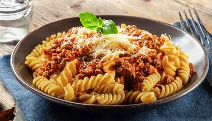 homemade macaroni bolognese with cheese