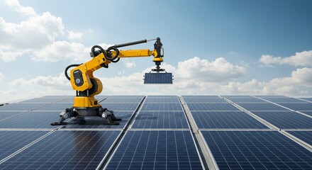 Robot manipulator holding solar panel on photovoltaic plant, installation. Automated industrial machinery, robotic arm operating for green energy production concept.