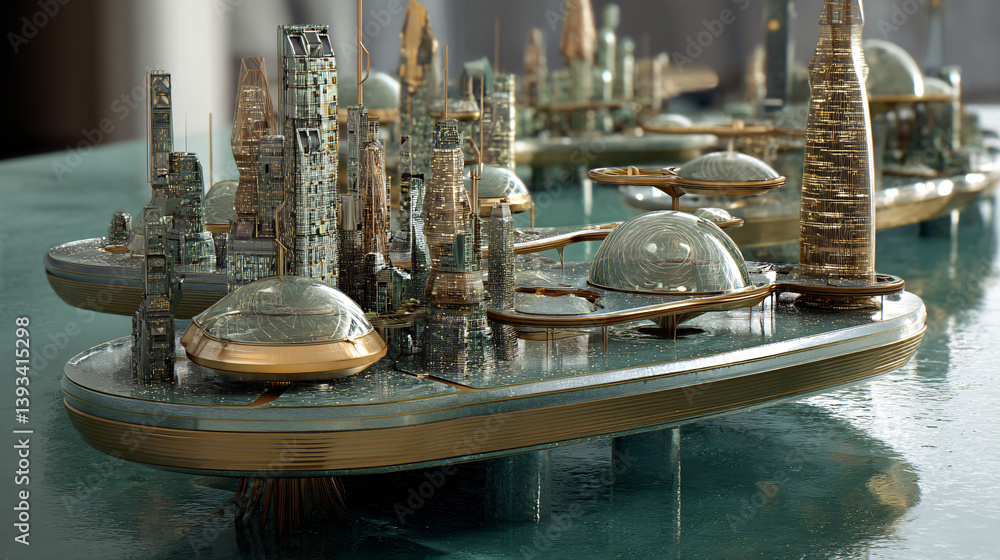 Aufkleber a scale model depicts a city designed to float, showcasing the technology intended to make that poss